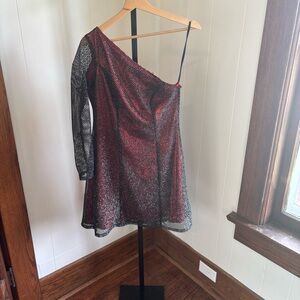 Vintage Rivars Women 7/8 Red Black One Shoulder Asymmetrical Dress Missing Strap